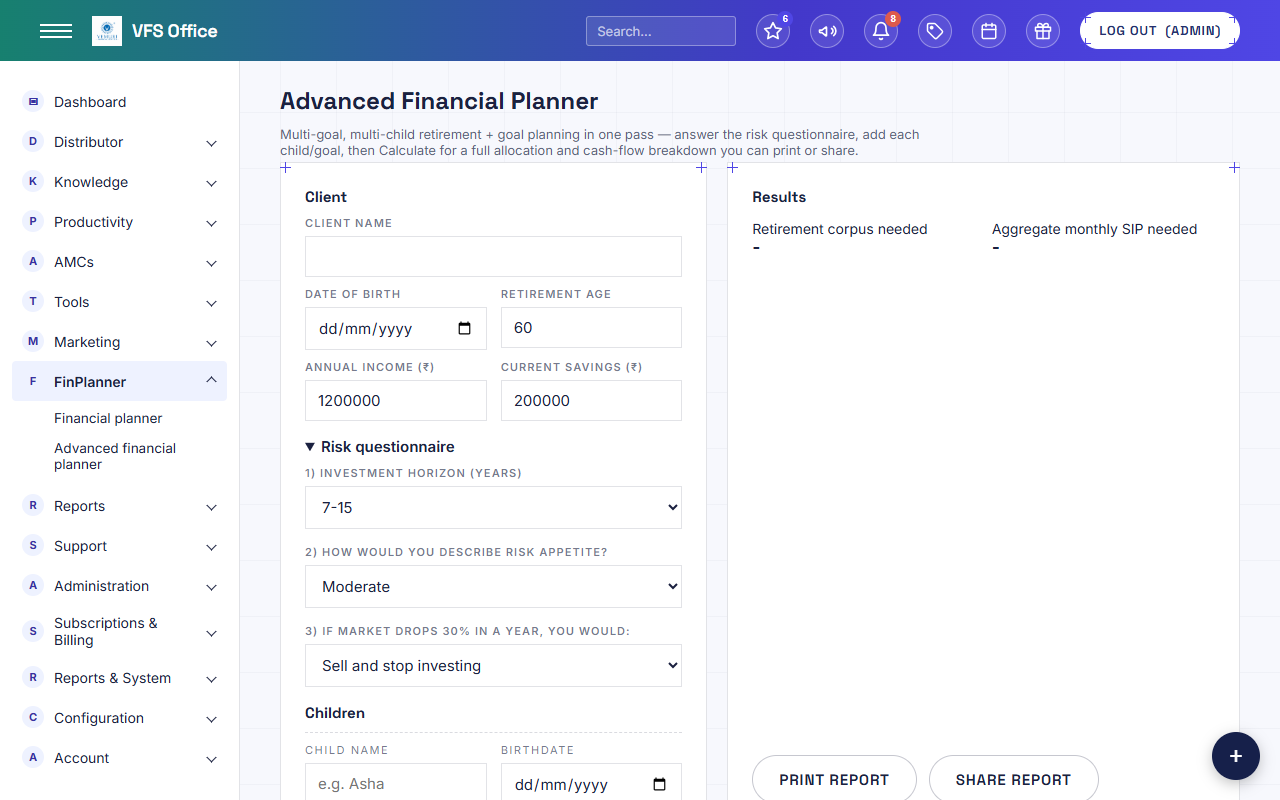 A screenshot of the FinPlanner area inside VFS Office