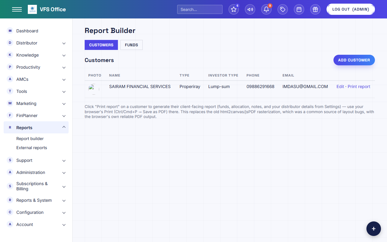 A screenshot of the Reports area inside VFS Office